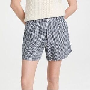 Alex Mill Gingham Pleated Relaxed Fit Linen Boy Shorts in Navy/Beige size 10